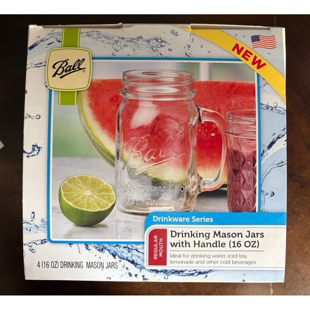 NEW 4-Pack Ball Drinking Mason Jars With Handles Set Clear Mugs 16 oz